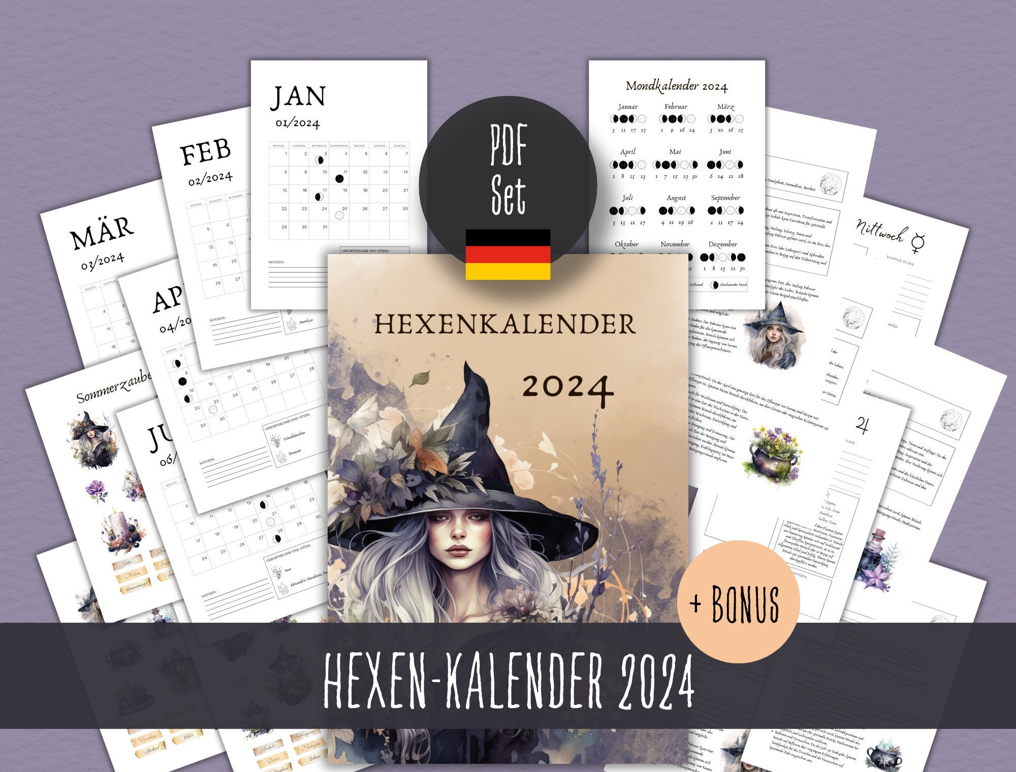 Hexenkalender 2024 Mondkalender PDF Paket zum Ausdrucken, Kalender
