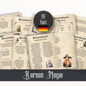 Może przedstawiać: Zestaw postarzanych stron papieru z tytułem "Kerzen Magie" w gotyckiej czcionce. Strony zawierają tekst, ilustracje świec i flagę Niemiec, sugerując tematyczny pakiet PDF. Ogólna estetyka jest vintage i mistyczna.