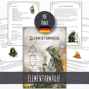 Könnte beinhalten: Eine Sammlung von bedruckten Seiten mit dem Titel "ELEMENTARMAGIE" im Fantasy-Stil. Das Hauptbild zeigt eine Frau mit langen Haaren und einem grünen Hut, die eine Pflanze hält. Zusätzliche Seiten mit Text und Illustrationen.