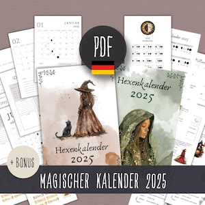 Op de afbeelding: Een printbare PDF-kalender voor 2025 met een illustratie van een heks en een kat. De kalender bevat maandelijkse pagina's, maanfasen en een bonusgedeelte. De tekst op de omslag luidt "Hexenkalender 2025" en "Magischer Kalender 2025".
