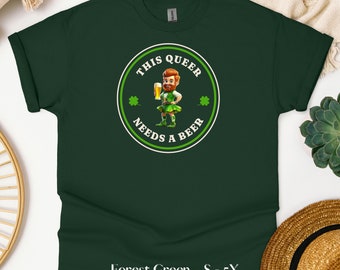 This Queer Needs a Beer - LGBTQ Gay Pride T-Shirt, Funny St. Paddys Day Tee, Queer Pride Drinking Shirt, Gift for Her Him, Lucky Shirt