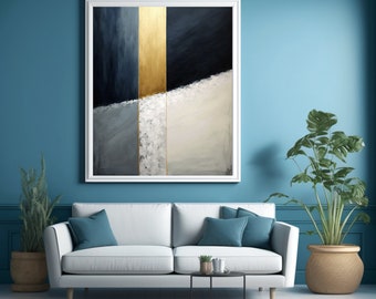 My Life In Three Parts - Minimalist Abstract Oil Painting Style, Navy Blue Gold White, Digital Downloadable Image