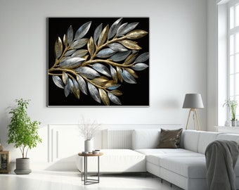 Eternal Olive Embrace - Olive Leaves, Hyper-Real Illustration of an Olive Branch in Silver Gold Blue, Wall art Valentine Gift for Her Him