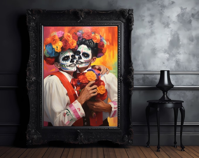 Fiesta of Love - LGBTQ Representation in Dia de los Muertos, Queer Gay Spooky Halloween Art, a Day of the Dead Gay Pride Digital Download