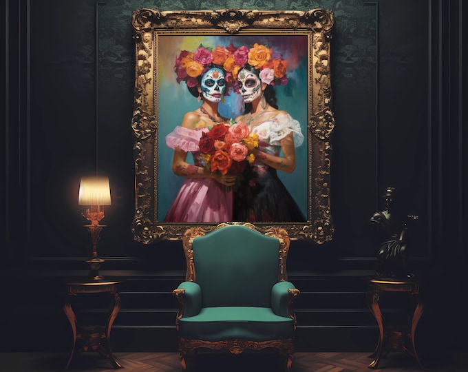 Day of the Soulmates - LGBTQ Representation in Dia de los Muertos, Queer Spooky Halloween Art, a Day of the Dead Lesbian Pride Digital Files