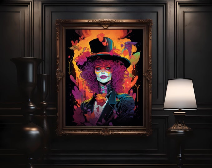 Neon Femme - LGBTQ Representation in Dia de los Muertos, Gay Spooky Halloween Art, a Day of the Dead Queer Pride Digital Download