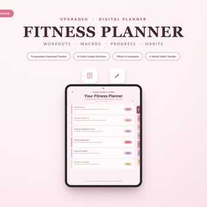 May include: A digital fitness planner displayed on a tablet screen against a light pink background. The text reads Glow-Up Edition, Upgraded Digital Planner, Fitness Planner, Workouts, Macros, Progress, Habits, and includes various tracker labels.