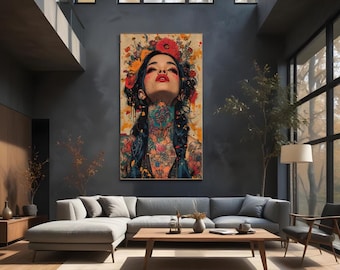 Boho Tätowierte Frau Wand Kunst Druck | Floral Muse Portrait Bunt Poster | Schlafzimmer Dekor Download