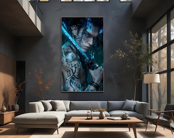 Neon Samurai Warrior Print | Cyberpunk Katana Art (Digital Download)