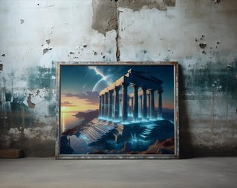 Futuristic Greek Architecture Wall Art | Cyberpunk Parthenon Neon Print | Unique Home Decor Download
