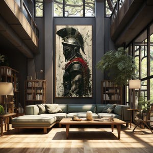 May include: A large framed artwork of a Spartan warrior in profile, in black, grey, and red tones. The artwork hangs above a light green sectional sofa in a modern living room. Bookshelves, lamps, and a wooden coffee table complete the decor, creating a stylish interior.