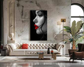 Quadro decorativo com lábios vermelhos glamorosos | Retrato de mulher em preto e branco (Download digital)
