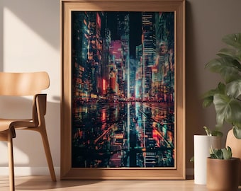 Cyberpunk City Wall Art Print | Futuristic Neon Skyline Poster | Gaming Room Office Decor Download