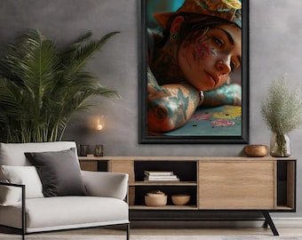 Tätowierte Frau Porträt Wandkunst | Eingefärbter weiblicher Druck | Edgy Schlafzimmer Wohnzimmer Dekor Download