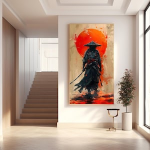 May include: A digital painting of a samurai warrior standing in front of a large red sun. The warrior is wearing a traditional black and brown samurai outfit and a wide-brimmed hat. The background is a light brown color with splashes of red and orange paint.