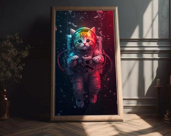 Space Cat Astronaut Art Print | Whimsical Galaxy Kitten Poster (Digital Download)