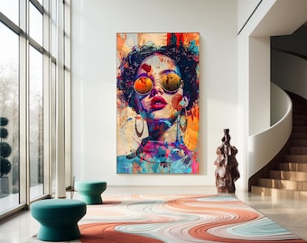 Levendige abstracte mode vrouwenprint | Kleurrijke pop-artportretposter | Eclectische woonkamer downloaden