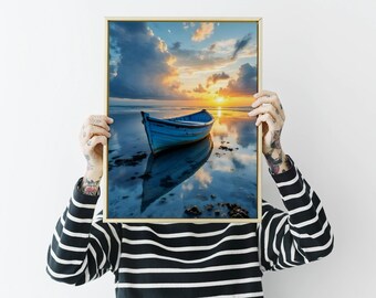 Muurkunstafdruk kustzonsopgang | Rustig boot oceaanlandschap | Woonkamer Slaapkamer Downloaden