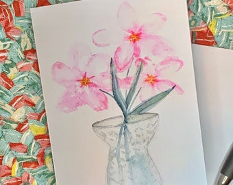 Set of 4 pink floral watercolor painted greeting cards