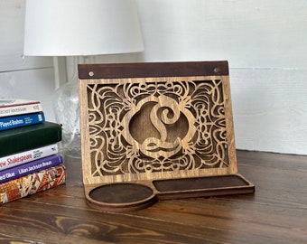Monogram Book Stand Book Lover Gift Wood with Genuine Leather Accents Functional Home Décor Personalized Gift
