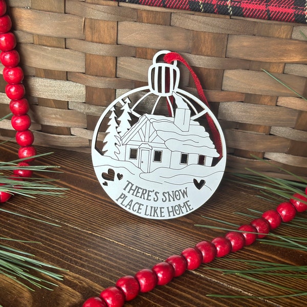 2023 Christmas Ornament Cozy Cabin Christmas Snow Place Like Home Ornament White Round Ornament Engraved Christmas Ornament White Red