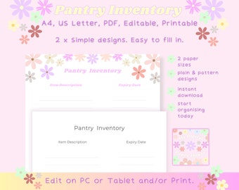 Modelo de inventário de despensa, PDF editável e imprimível, design floral (A4/Carta)