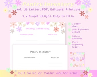 Pantry Inventory Template, Pantry Inventory Editable Printable PDF, Pantry Tracker, Food Inventory Tracker, Pantry Planner List A4 US Letter