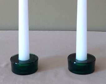 Pair of Crate & Barrel Emerald Green Candlestick Holders