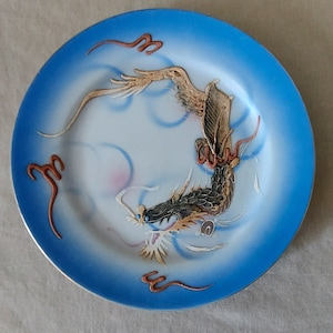Op de afbeelding: Een blauw en wit keramiek bord met een reliëf van een draak. De draak is bruin en zwart met blauwe ogen en vliegt door de wolken. Het bord heeft een witte rand en een blauwe rand.