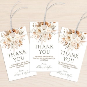 Etiquetas de regalo de agradecimiento EDITABLES de estilo bohemio, con motivos florales rústicos, estilo bohemio, beige natural, gris topo, blanco y verde oliva, hierba de la pampa, etiqueta de recuerdo de boda