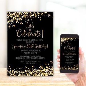 Schwarz und Gold-Geburtstagseinladung, Schwarz und Gold-Party, Gold Glitter Evite, digitale Einladung, bearbeitbare Vorlage