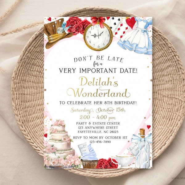 EDITABLE Alice in Wonderland birthday invitation, 2nd 3rd 4th 5th 6th 7th 8th 9th 10th 11th 12th 13th bday invite, Don’t be late