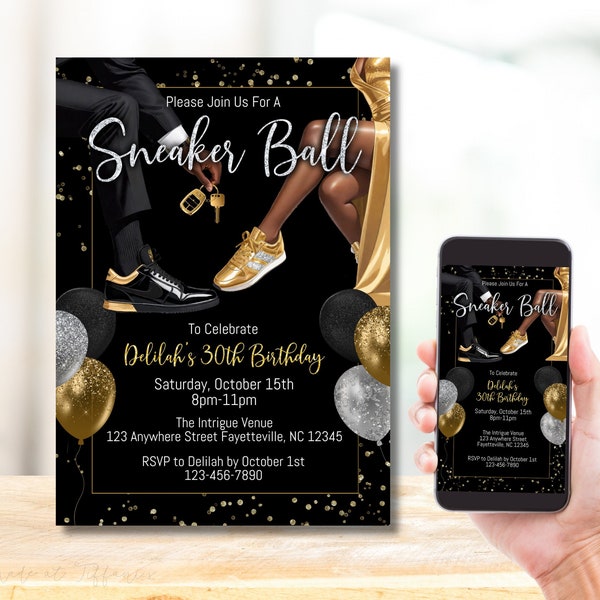 EDITABLE Black Gold Silver Sneaker Ball Party Invitation, Black and Gold Birthday Party, Glitter Evite, Digital Invitation Template