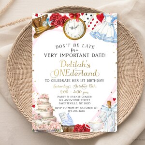 EDITABLE Alice in ONEderland first birthday invitation, 1st bday invite, Alice in Wonderland theme bday invitation, Don’t be late