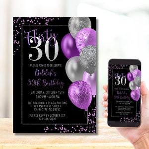 Black purple and silver Birthday Invitation, Flirty Thirty, Glitter Evite, Digital Invitation, Editable Template