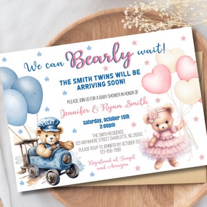 Twin Baby Shower Invitation, Teddy Bear Shower Invitation, We Can Bearly Wait, Twin Baby Shower Invite, Boy Girl Twins, Baby Sprinkle