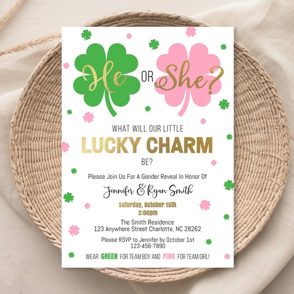 Gender Reveal Invitation, St. Patrick’s Day 4 Leaf Clover Gender Reveal, Lucky Charm Invite, Pink and green