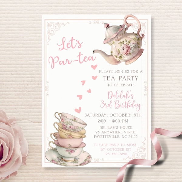 EDITABLE antique blush pink tea party invitation, Let’s par-tea, girl birthday invite, instant download editable template