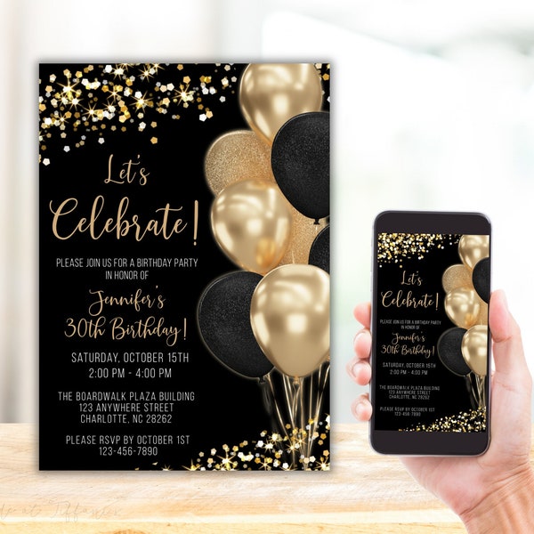 Schwarz und Gold-Geburtstagseinladung, Schwarz und Gold-Party, Gold Glitter Evite, digitale Einladung, bearbeitbare Vorlage