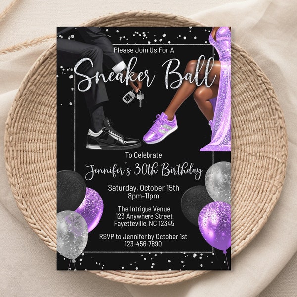 EDITABLE Black purple Silver Sneaker Ball Party Invitation, Birthday Party invite, Glitter Evite, Digital Invitation Template