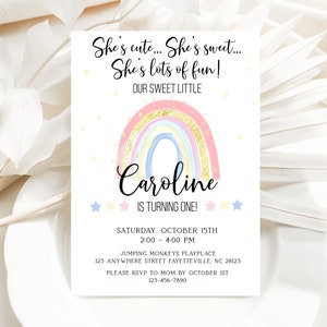 Rainbow Birthday Invitation, Girl 1st Birthday Invite, First Birthday Invitation, Pastel Rainbow, Editable Invitation