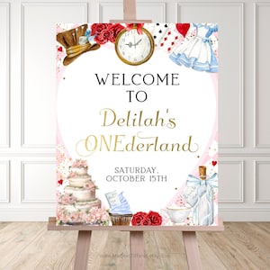 EDITIERBARE Alice im ONEderland Willkommensschild, 1. Geburtstag Alice im Wunderland-Themaparty, Tee-Partyschild, Partydekor, bearbeitbare Vorlage