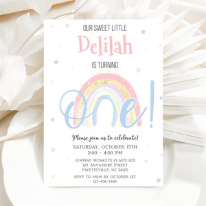Rainbow 1st Birthday Invitation, Girl 1st Birthday Invite, First Birthday Invitation, Pastel Rainbow, Editable Invitation