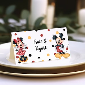 MODIFIABLES Étiquettes d'aliments Minnie et Mickey Mouse, cartes tente de table, marque-places de nourriture plié pour anniversaire, jumeaux garçon fille, fête commune entre frères et sœurs