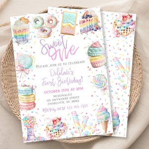 EDITABLE Sweet ONE first birthday invitation, watercolor pastel, 1st bday invite, Candyland theme birthday party invitation