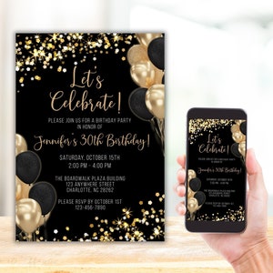 Black and Gold Birthday Invitation, Black and Gold Party, Mobile Invitation, Gold Glitter Evite, Digital Invitation, Editable Template