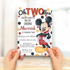 GEDRUKTE Oh TWOdles Mickey Mouse verjaardagsuitnodiging, 2e verjaardag, tweede verjaardag, 2-jarige jongen, rood gele zwarte polka dot, Oh Toodles