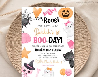May include: A pink and orange Halloween party invitation with the text "Hey Boo's! You're invited to Delilah's 1st BOO-DAY!" and a variety of Halloween themed illustrations including a spider, a ghost, a pumpkin, a candy cane, a star, a skeleton, and a black cat.