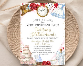May include: A pink and white Alice in Wonderland themed invitation for a first birthday party. The invitation features a clock, playing cards, a teacup, a bottle, a cupcake, and a cake. The text on the invitation reads "Don't be late for a very important date! Delilah's ONEderland To celebrate her 1st birthday! Saturday, October 15th 2:00 - 4:00 pm Party & Events Center 123 Anywhere Street Fayetteville, NC 28123 RSVP to Mom by October 1st 123-456-7890"