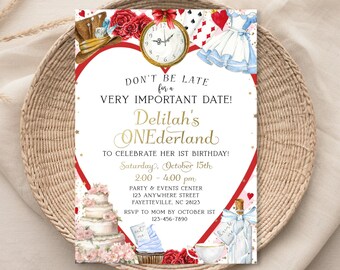 May include: Alice in Wonderland themed first birthday party invitation with a red heart, a pocket watch, playing cards, a teacup, a cake, and the text "Don't be late for Delilah's ONEderland to celebrate her 1st birthday! Saturday, October 15th, 2:00 - 4:00 pm, Party & Events Center, 123 Anywhere Street, Fayetteville, NC 28123, RSVP to Mom by October 1st, 123-456-7890"